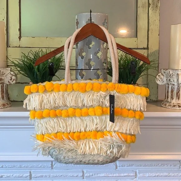 Lulu’s Pom Springs Pom Pom Straw Beach Market Boho Bag NEW - Picture 5 of 9